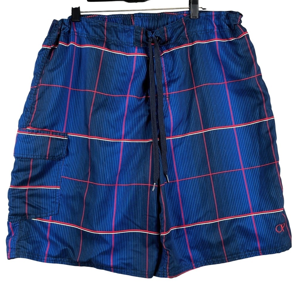 OP Men XL Board Shorts Swim Trunks Plaid Lined Drawstring Navy Blue Red Surf Y2K